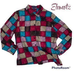 Elementz SZ M Woman’s Colorful Block Print Button Down Blouse/Top